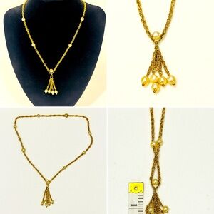 Vintage Faux Pearl Tassel Pendant Necklace Gold Rope Chain 16”